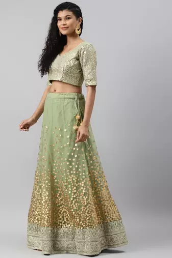 green zari worked soft net lehenga set choli with dupatta