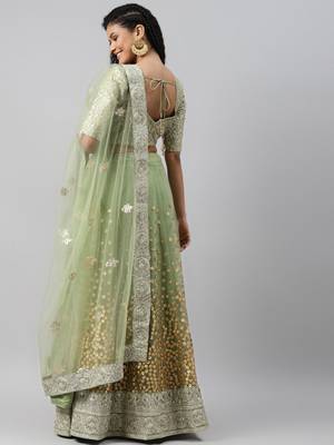 green zari worked soft net lehenga set choli with dupatta 4