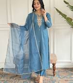 Rama Embroidered Viscose Blend Fabric Straight Kurta, Pant and Dupatta Set
