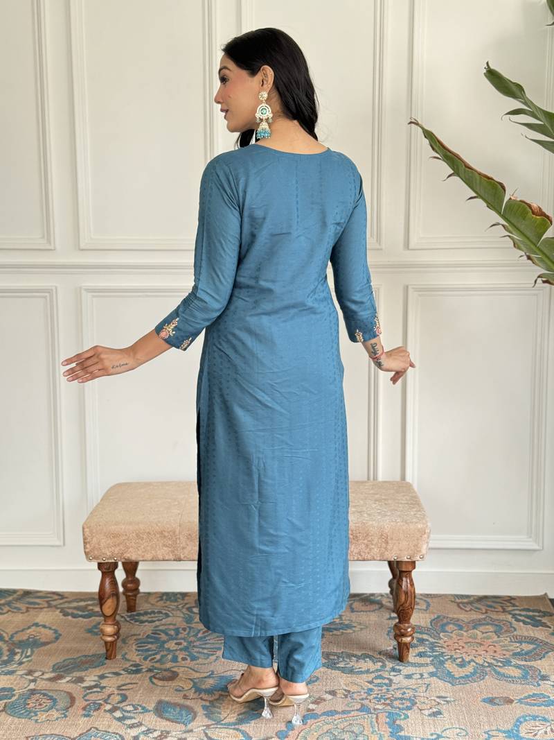 Rama Embroidered Viscose Blend Fabric Straight Kurta, Pant and Dupatta Set