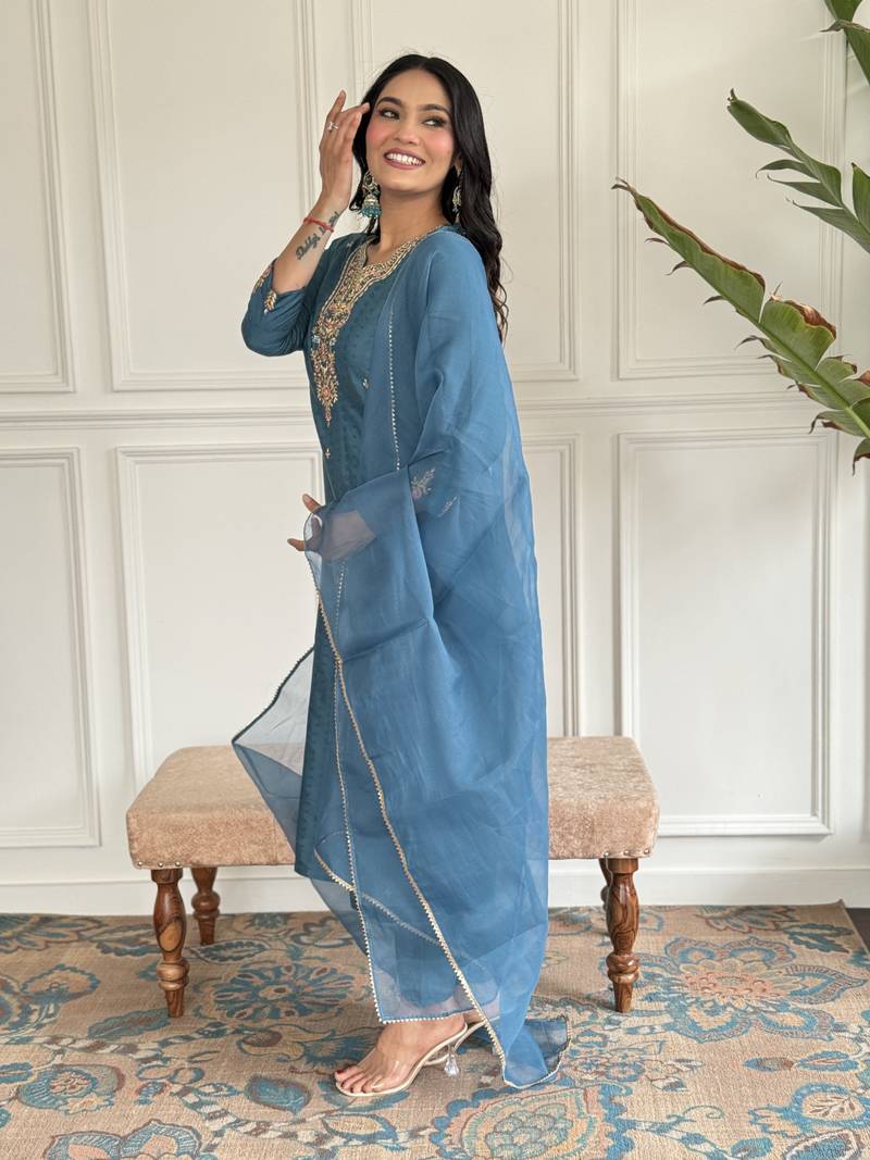 Rama Embroidered Viscose Blend Fabric Straight Kurta, Pant and Dupatta Set