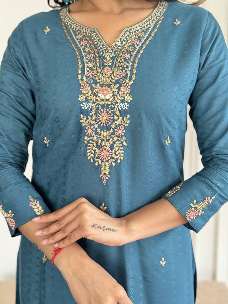 Rama Embroidered Viscose Blend Fabric Straight Kurta, Pant and Dupatta Set