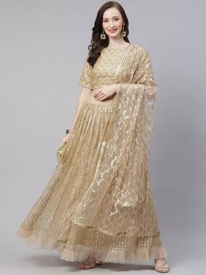 Mesmerizing Beige Sequins Net Wedding Wear Lehenga Choli With Dupatta 1