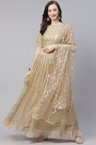 Mesmerizing Beige Sequins Net Wedding Wear Lehenga Choli With Dupatta
