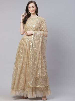 Mesmerizing Beige Sequins Net Wedding Wear Lehenga Choli With Dupatta 2