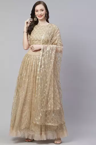 Mesmerizing Beige Sequins Net Wedding Wear Lehenga Choli With Dupatta