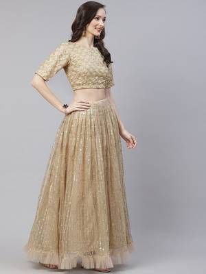 Mesmerizing Beige Sequins Net Wedding Wear Lehenga Choli With Dupatta 3