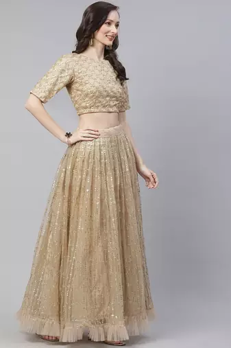 Mesmerizing Beige Sequins Net Wedding Wear Lehenga Choli With Dupatta