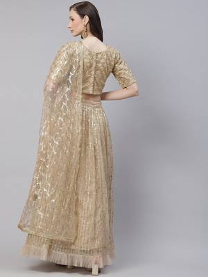 Mesmerizing Beige Sequins Net Wedding Wear Lehenga Choli With Dupatta 4