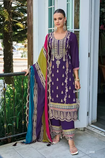 Purple premium embroidered chinon semi stitched salwar suit