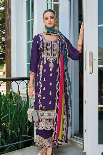 Purple premium embroidered chinon salwar suit