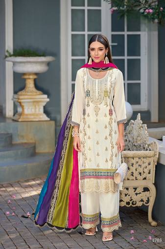 White premium embroidered chinon semi stitched salwar suit