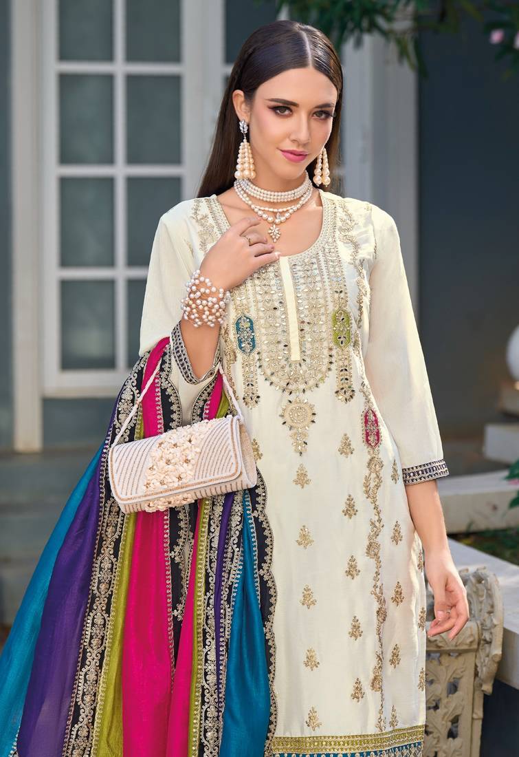 White premium embroidered chinon semi stitched salwar suit