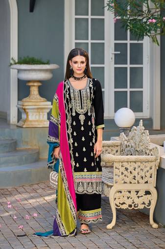 Black premium embroidered chinon semi stitched salwar suit