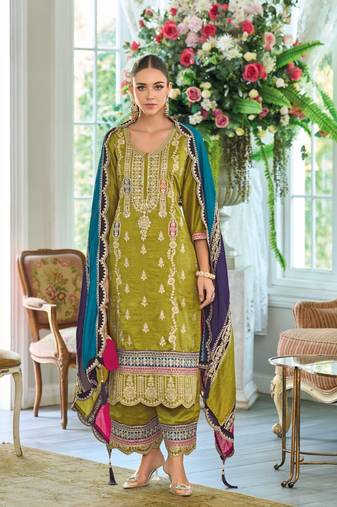 Green premium embroidered chinon semi stitched salwar suit