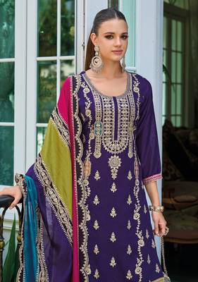 Purple premium embroidered chinon salwar suit 3