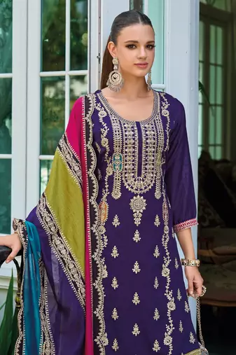 Purple premium embroidered chinon salwar suit