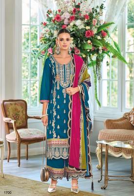 Teal premium embroidered chinon salwar suit 1