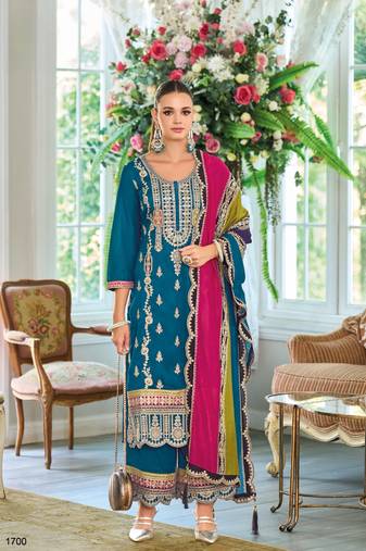 Teal premium embroidered chinon semi stitched salwar suit