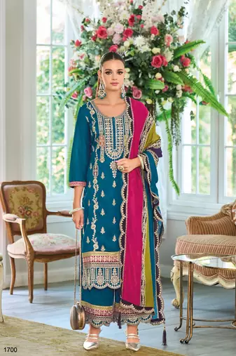 Teal premium embroidered chinon semi stitched salwar suit