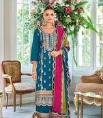 Teal premium embroidered chinon semi stitched salwar suit