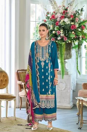 Teal premium embroidered chinon salwar suit