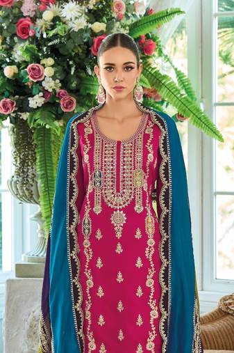 Pink premium embroidered chinon semi stitched salwar suit