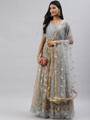 grey sequins soft net party lehenga set choli with dupatta 1