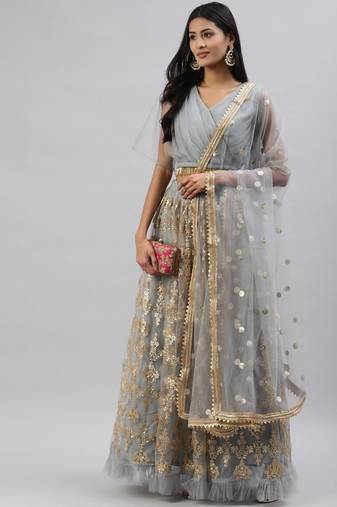 Stunning Grey Sequins Soft Net Party Wear Lehenga Choli