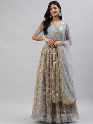 grey sequins soft net party lehenga set choli with dupatta 2