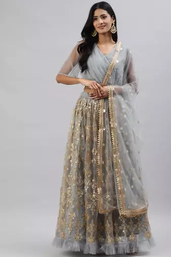 grey sequins soft net party lehenga set choli with dupatta