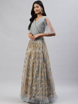 grey sequins soft net party lehenga set choli with dupatta 3