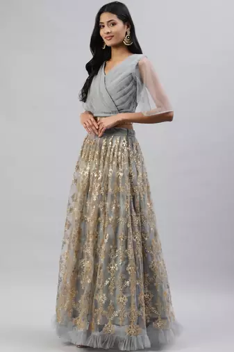 grey sequins soft net party lehenga set choli with dupatta