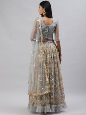 grey sequins soft net party lehenga set choli with dupatta 4
