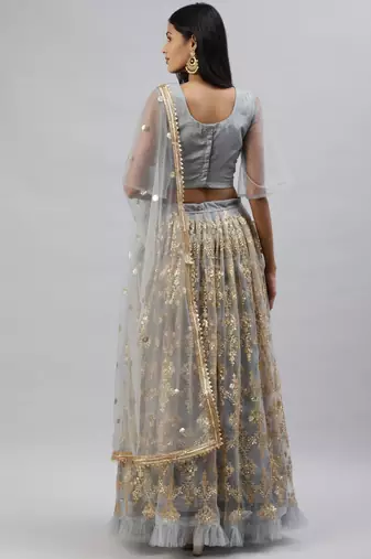 grey sequins soft net party lehenga set choli with dupatta