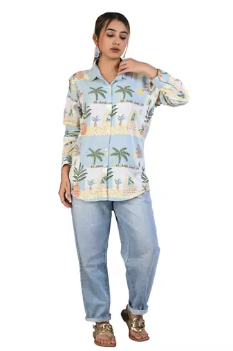 Senorita powder blue beach printed modal full sleeve shirt