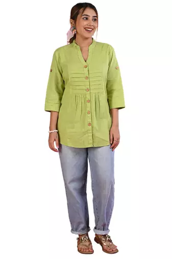 Senorita light green linen cotton solid full sleeve cotton top