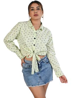 Senorita lime green knotted printed cotton slub full sleeve top 2