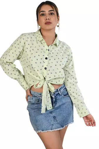 Senorita lime green knotted printed cotton slub full sleeve top