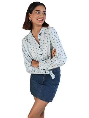 Senorita light blue knotted printed 100% cotton slub full sleeve casual top 2