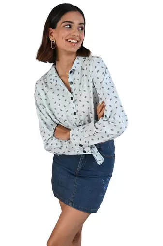 Senorita light blue knotted printed 100% cotton slub full sleeve casual top