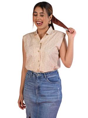 Senorita beige printed slim fit cotton satin sleeveless top 2