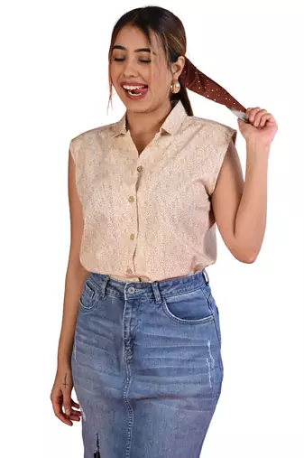 Senorita beige printed slim fit cotton satin sleeveless top