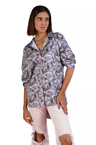 Senorita blue grey printed regular fit cotton satin full sleeve shirt