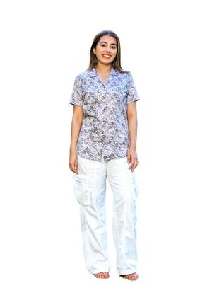 Senorita white brown blue 100% cotton satin half sleeve top 2