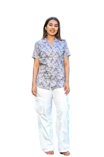 Senorita white brown blue 100% cotton satin half sleeve top