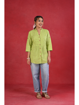 Senorita light green linen cotton solid full sleeve cotton top 1