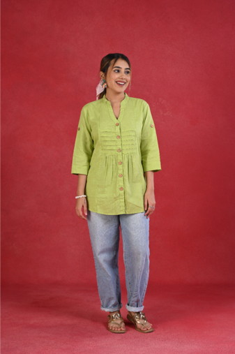 Senorita light green linen cotton solid full sleeve cotton top