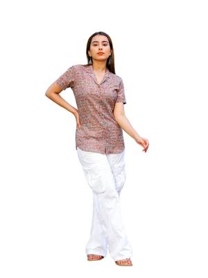 Senorita brown red white 100% cotton satin half sleeve top 2