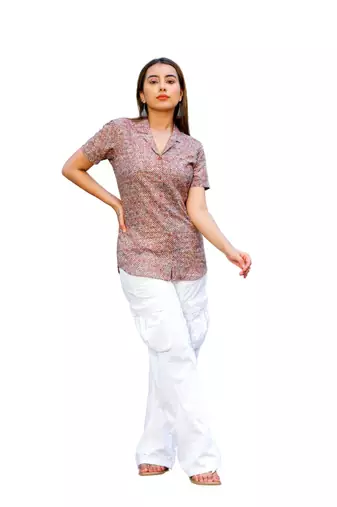 Senorita brown red white 100% cotton satin half sleeve top
